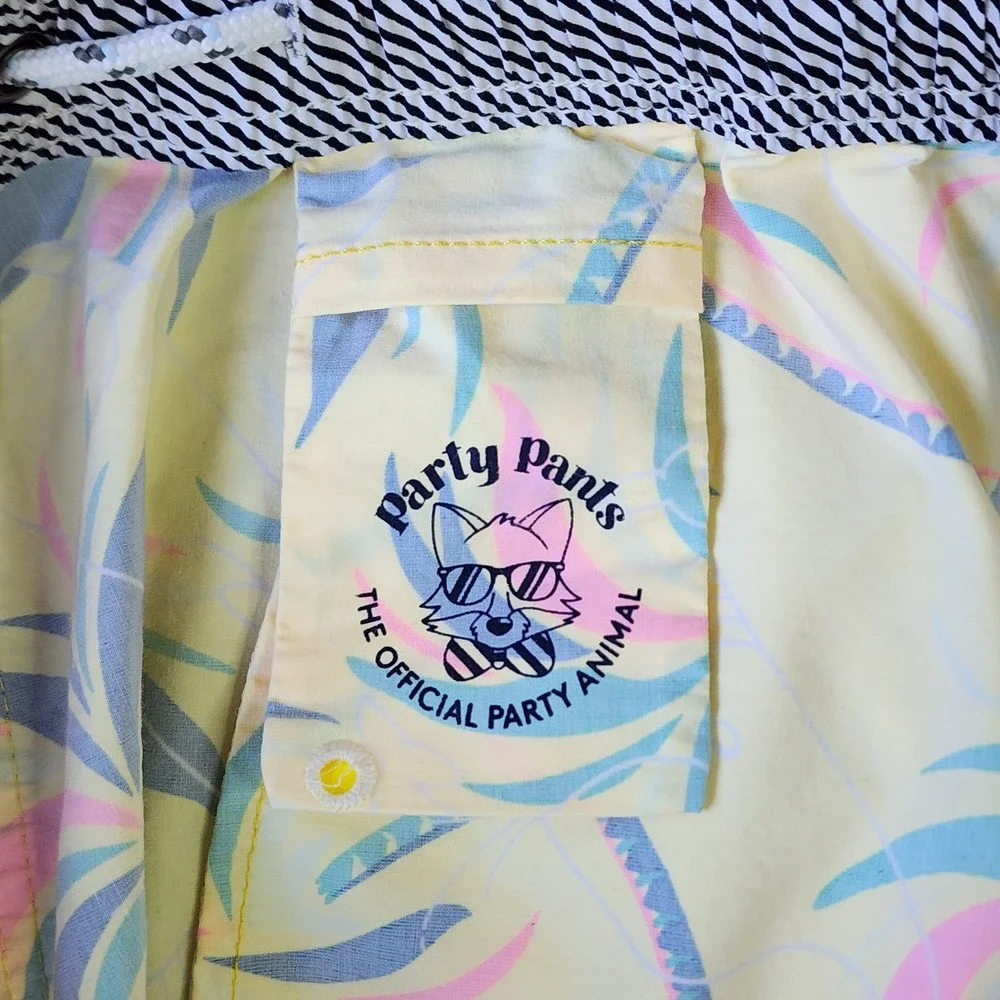 Party Pants Swim Trunks Mens Large Yellow Tropical‎ Palm Print Excellent